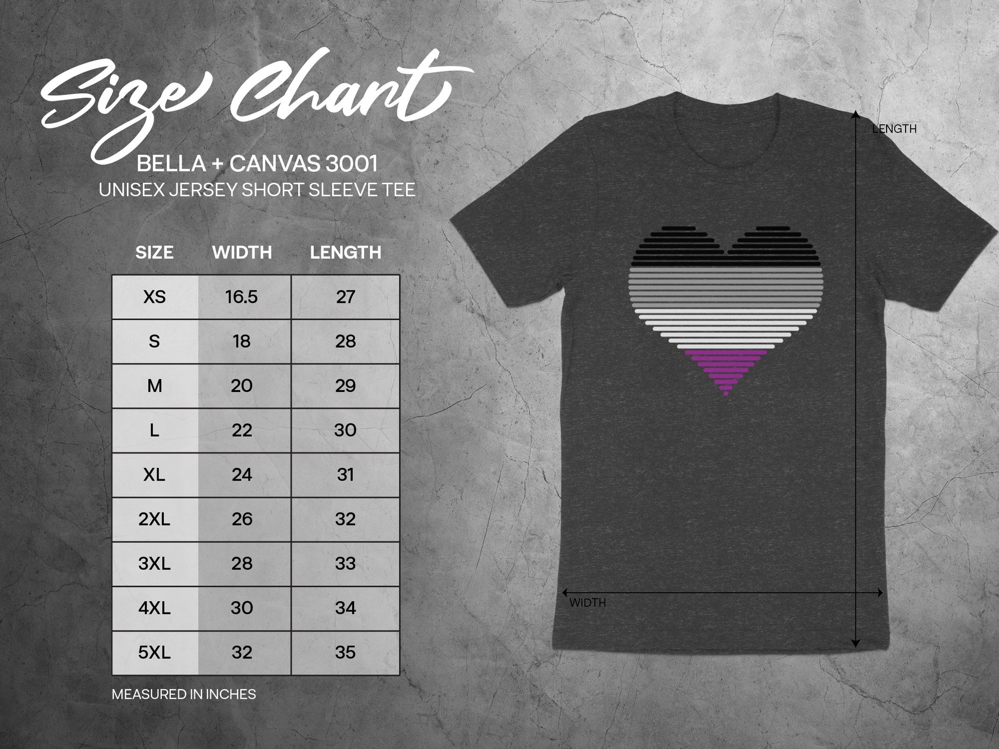 Bella + Canvas 3001 unisex t-shirt size chart with measurements in inches.