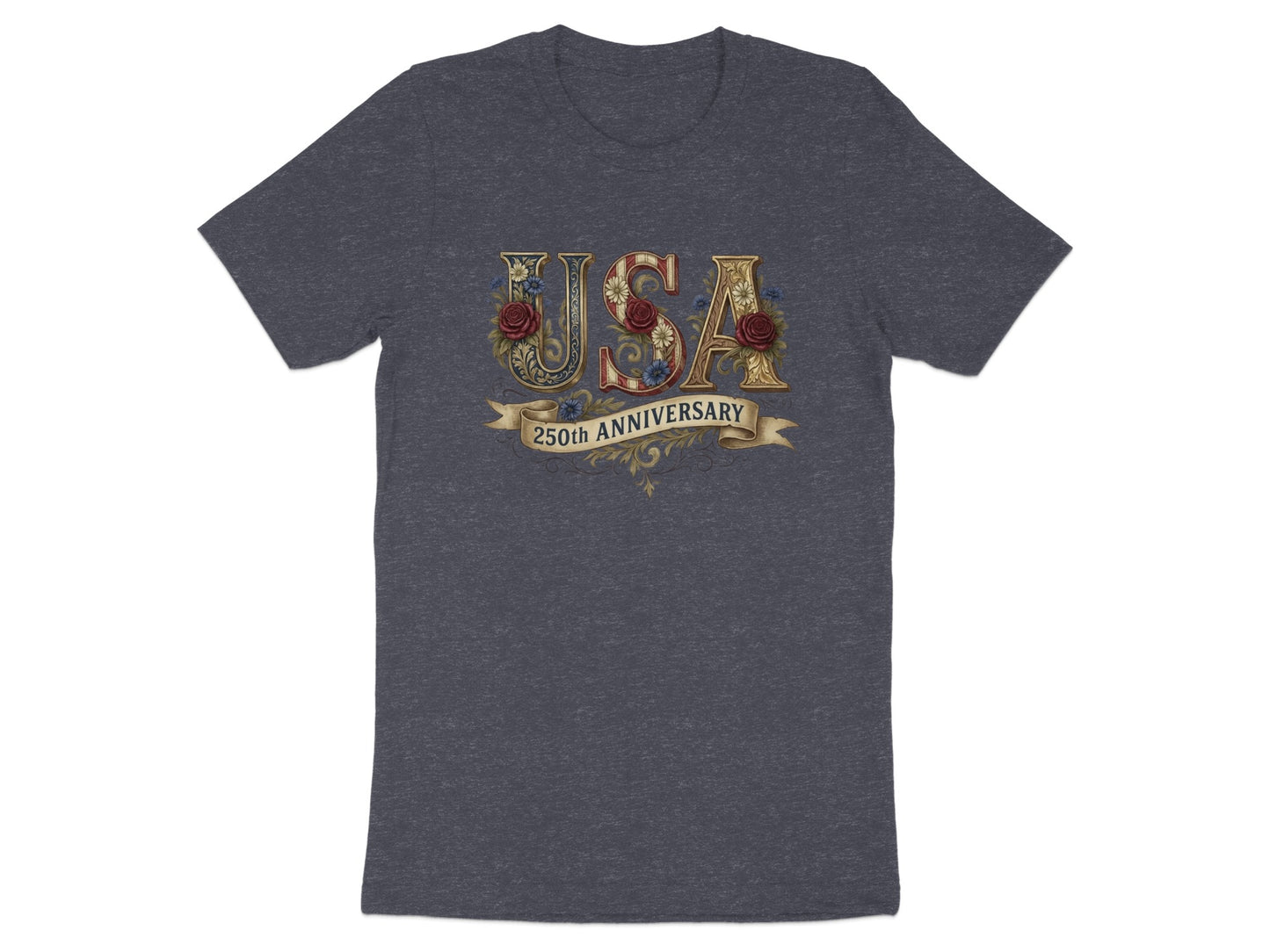 Dark grey t-shirt with "USA 250th Anniversary" in gold lettering and floral design.