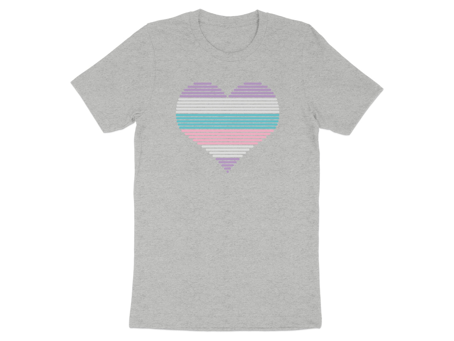 Grey t-shirt with a pastel striped heart graphic on the chest.