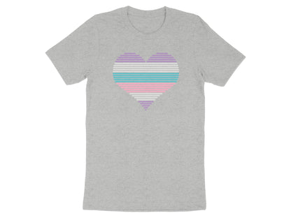 Grey t-shirt with a pastel striped heart graphic on the chest.