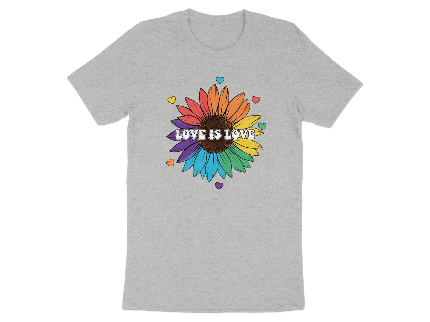 Grey t-shirt with a rainbow sunflower and "LOVE IS LOVE" text.