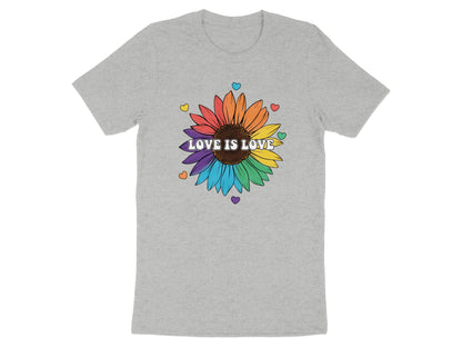 Grey t-shirt with a rainbow sunflower and "LOVE IS LOVE" text.