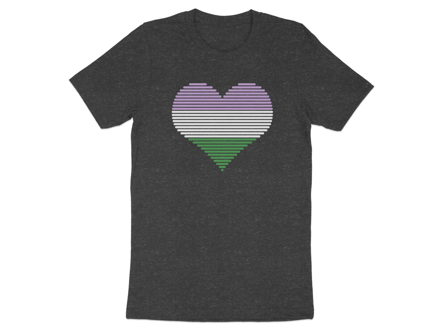 Dark grey t-shirt with a genderqueer pride heart design in horizontal stripes.