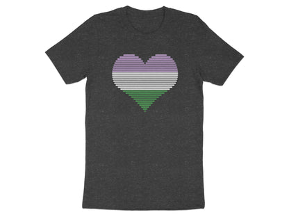 Dark grey t-shirt with a genderqueer pride heart design in horizontal stripes.