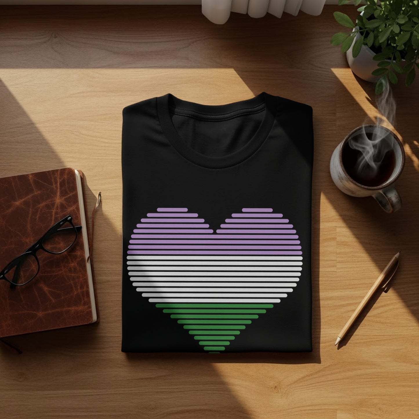 Black t-shirt with a heart made of horizontal green, white, and purple stripes.