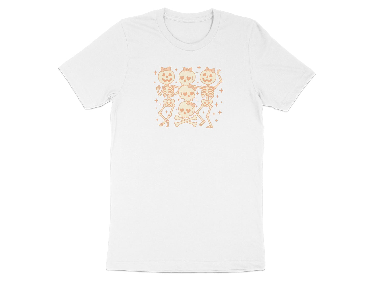 White t-shirt with cartoon skeletons and skulls graphic with pink bows.