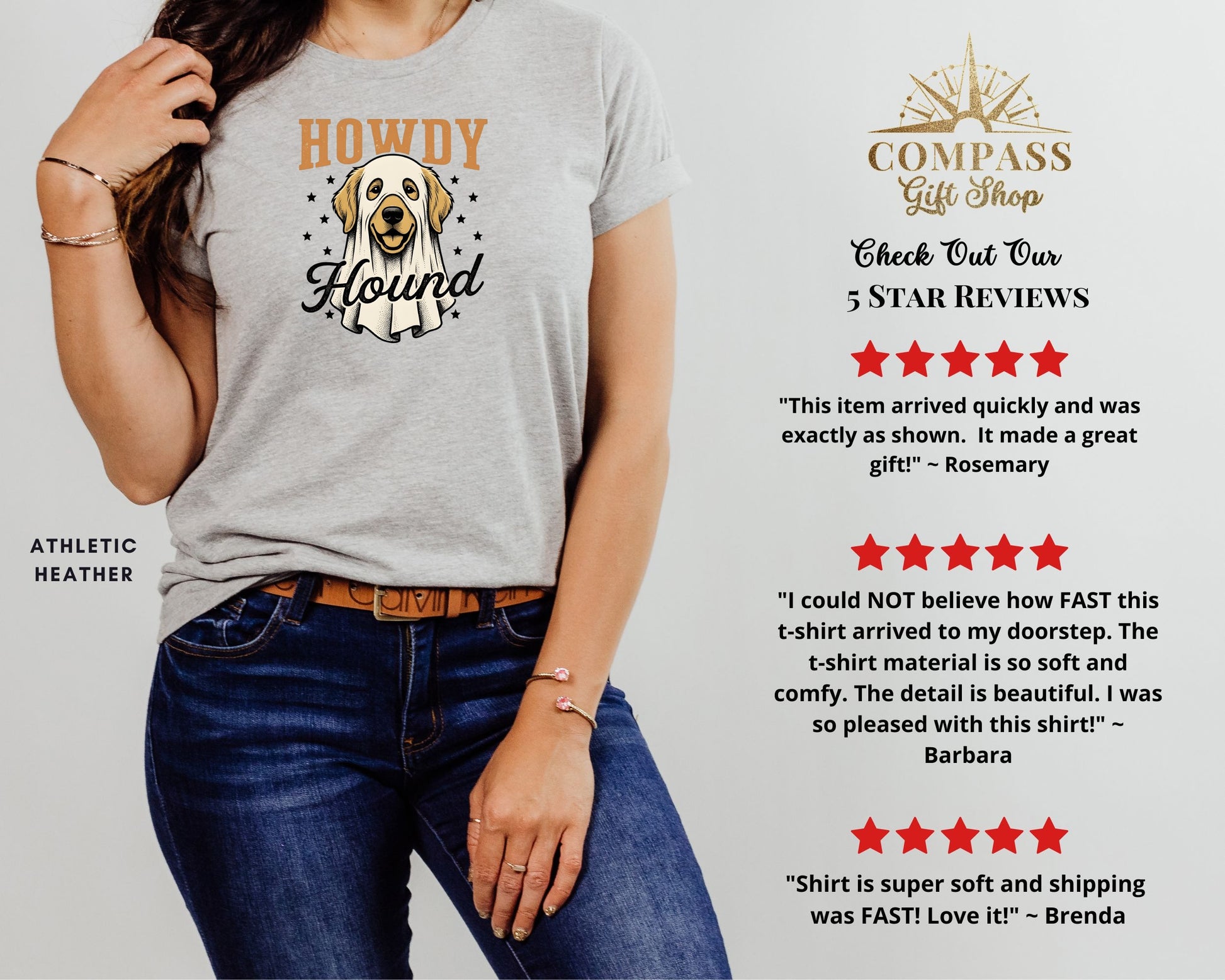Grey t-shirt with "Howdy Hound" graphic of a dog in a ghost costume.