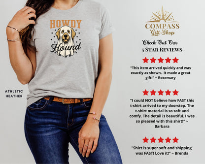 Grey t-shirt with "Howdy Hound" graphic of a dog in a ghost costume.
