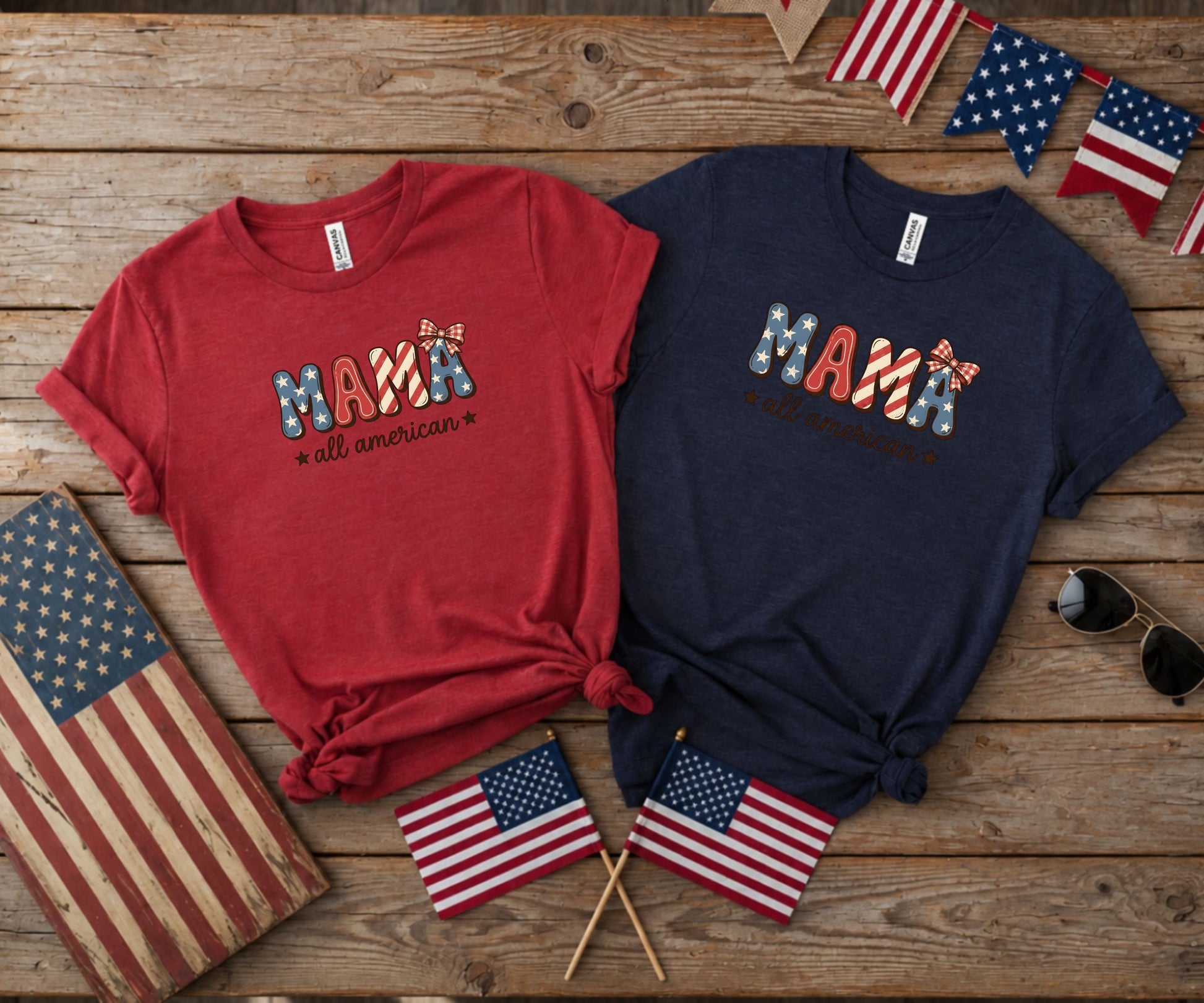 Mama all American graphic t-shirts, red and navy blue, with American flag elements.
