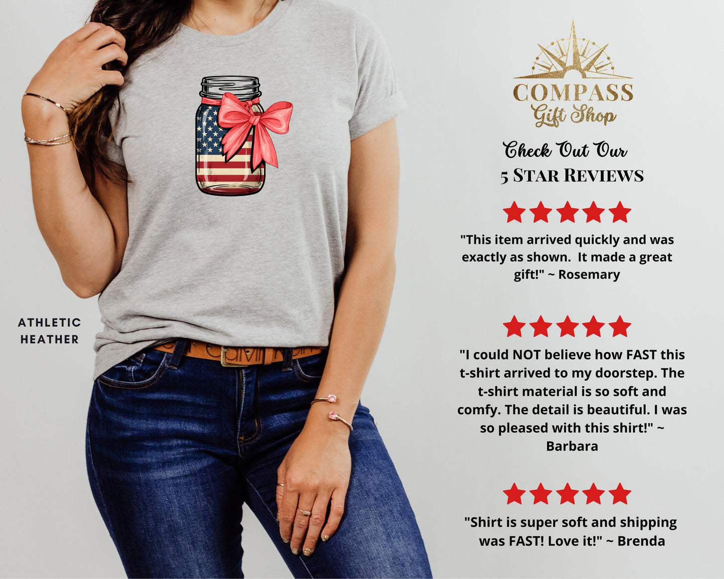 Heather grey t-shirt with American flag mason jar graphic.