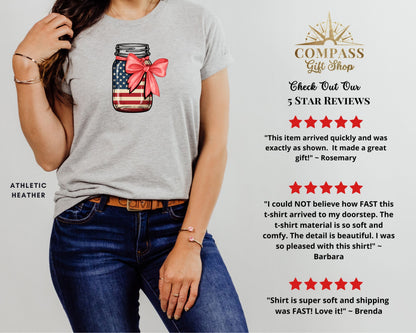 Heather grey t-shirt with American flag mason jar graphic.