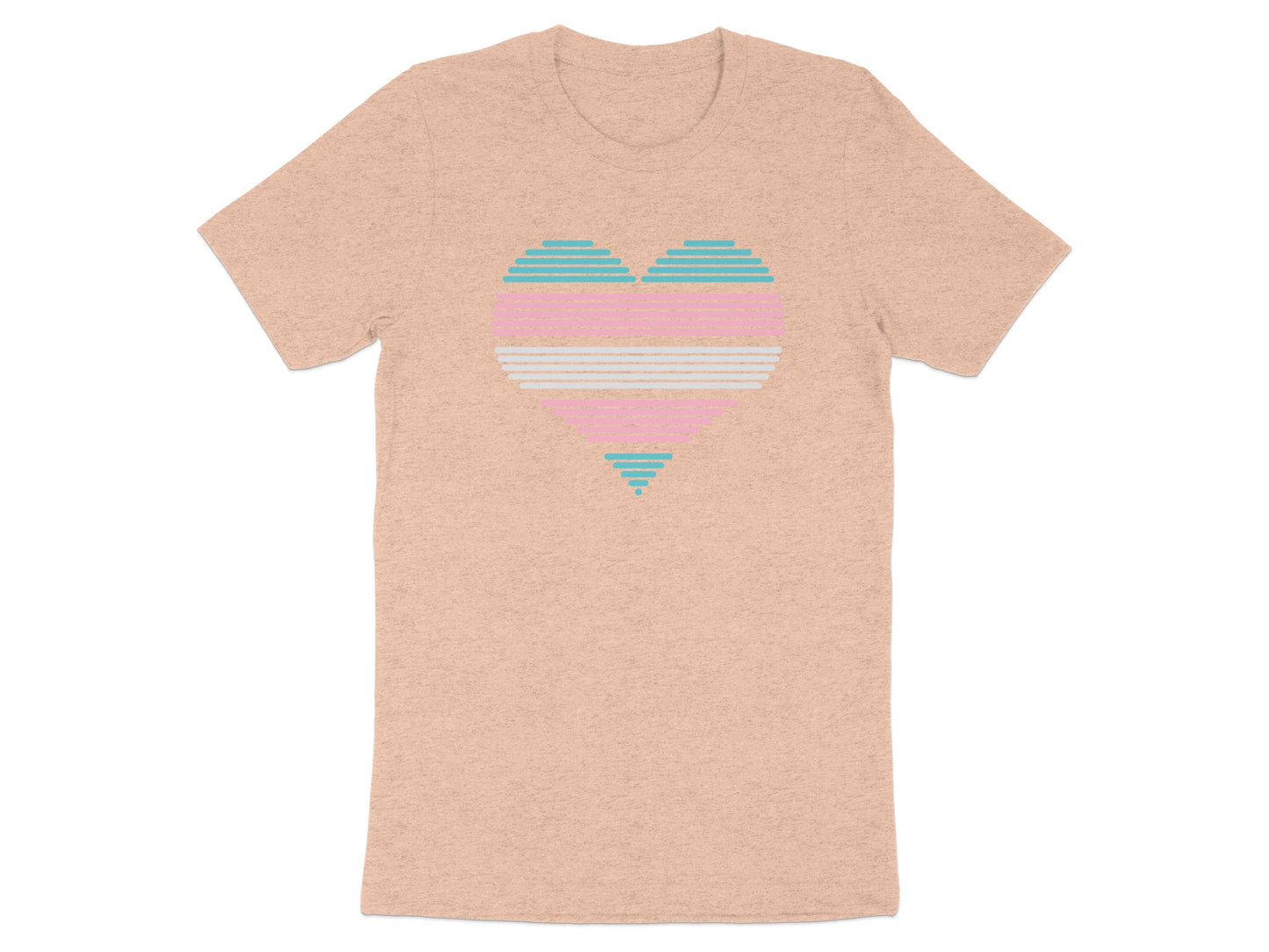 Peach t-shirt with a striped transgender pride heart graphic.