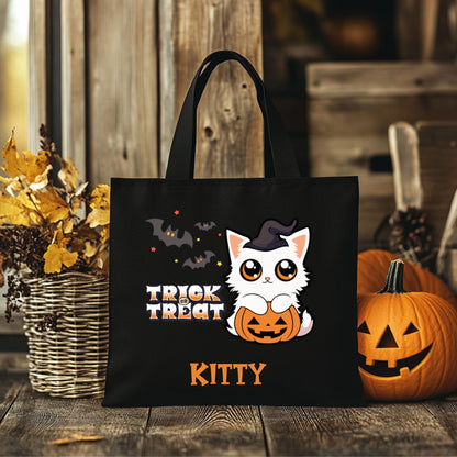 Personalized Trick or Treat Cute Kitten Halloween Tote Candy Bag for Cat Kovers