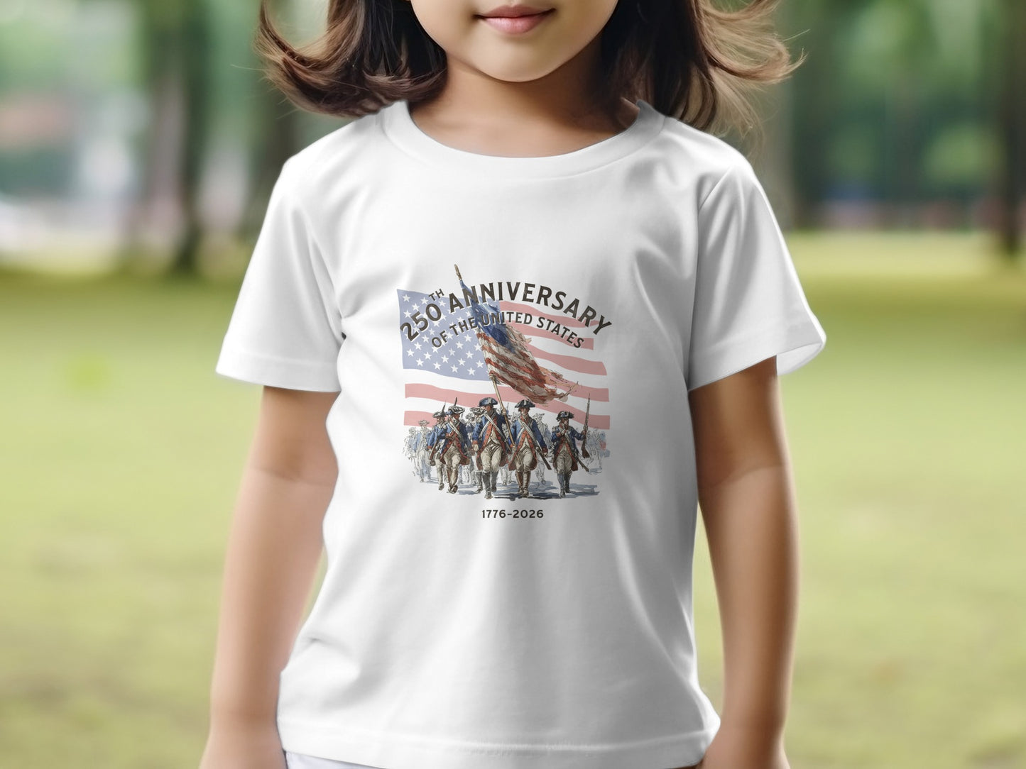 White t-shirt with 250th Anniversary of the United States flag and soldiers graphic.
