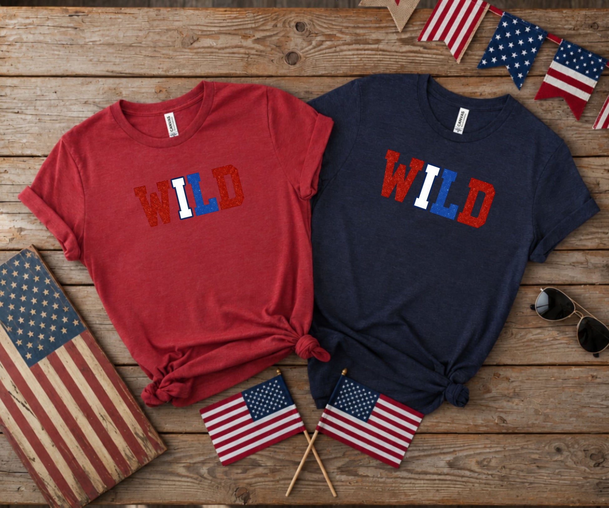 Red and navy patriotic t-shirts with "WILD" text.