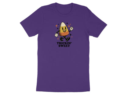 Purple t-shirt with a \"Trickin' Sweet\" text and cartoon candy corn character.