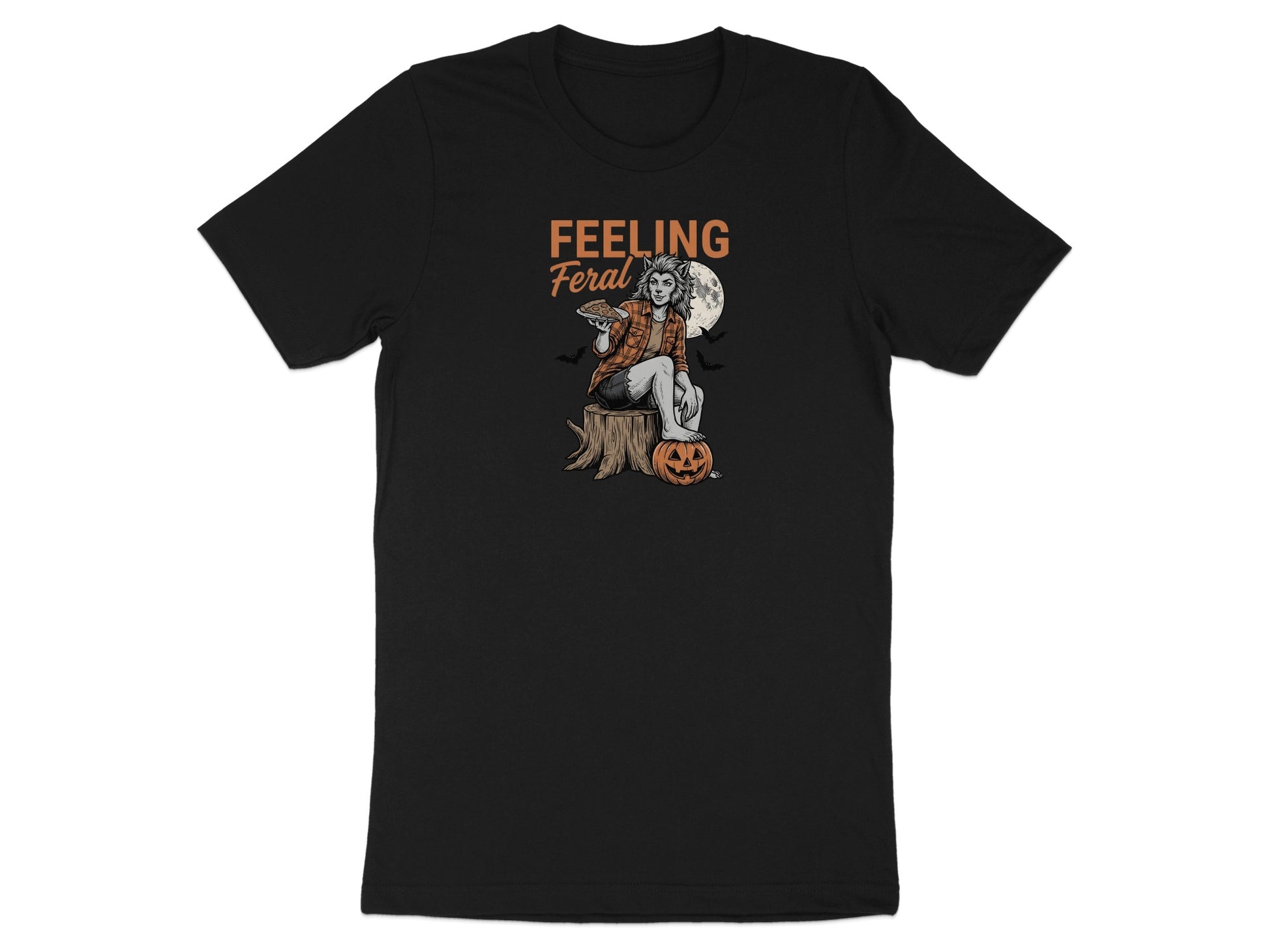 Black t-shirt with "FEELING Feral" text and a werewolf holding pizza with a pumpkin.