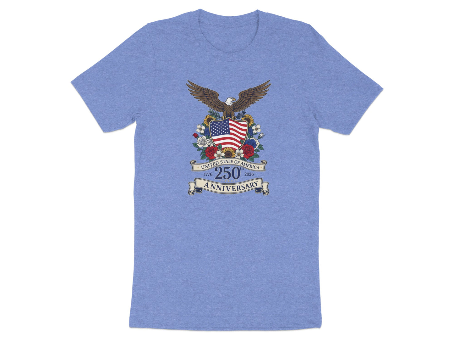 Blue t-shirt with an eagle, flag, and "250th Anniversary" text.