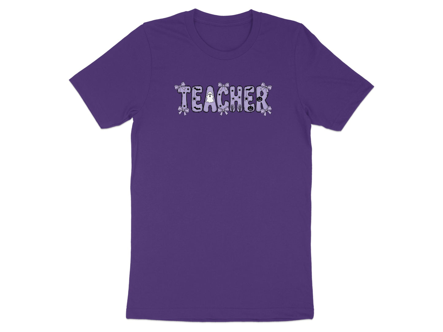 Purple t-shirt with "TEACHER" text featuring Halloween icons and bows.