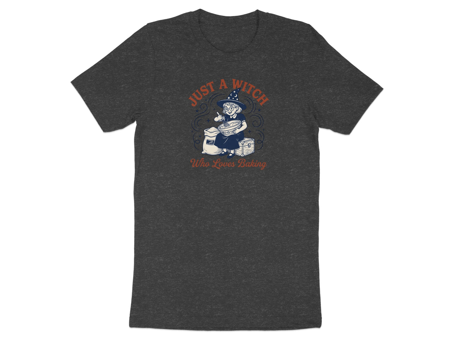 T-shirt graphic with a witch baking and text "Just a Witch Who Loves Baking".