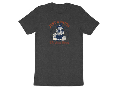 T-shirt graphic with a witch baking and text "Just a Witch Who Loves Baking".