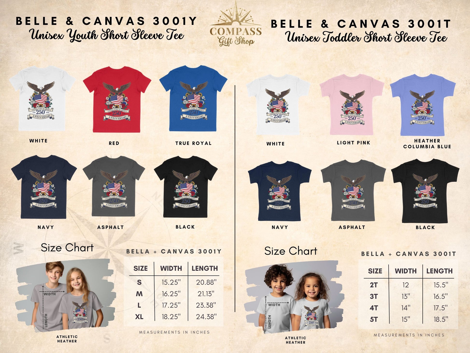 Youth and toddler Belle & Canvas t-shirts in various colors with a 250th anniversary graphic.