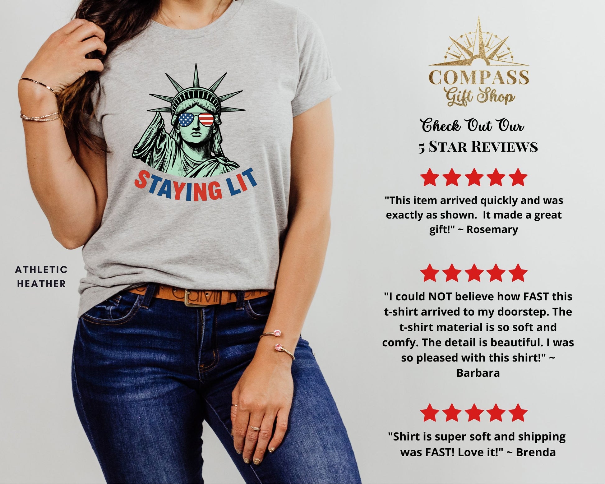 T-shirt with Statue of Liberty graphic and "STAYING LIT" text.