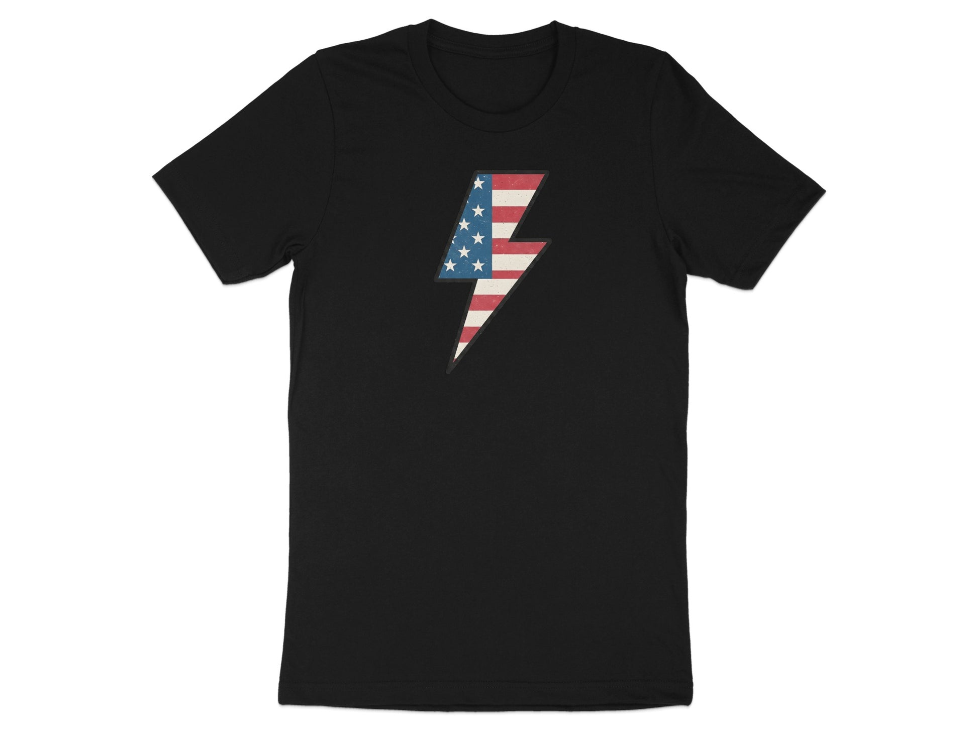 Black t-shirt with a vintage American flag lightning bolt graphic.