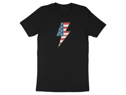 Black t-shirt with a vintage American flag lightning bolt graphic.