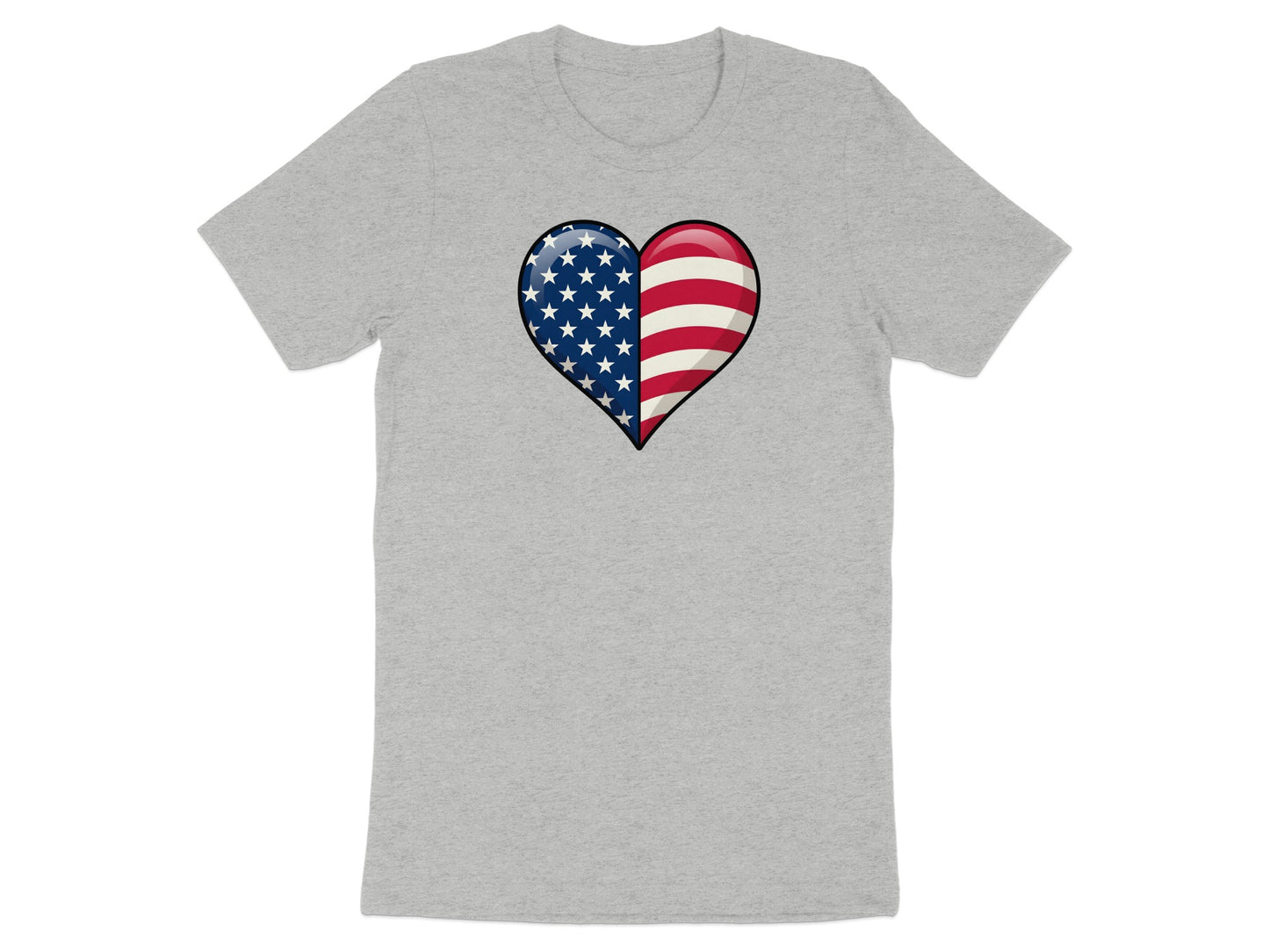 Grey t-shirt with a heart graphic featuring the American flag design.