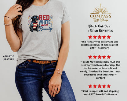 Grey t-shirt with "RED WHITE and Rowdy" graphic and star reviews.