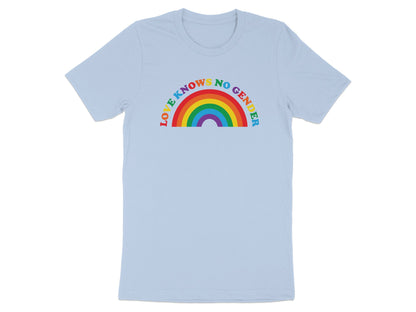 Light blue t-shirt with rainbow graphic and text "LOVE KNOWS NO GENDER".