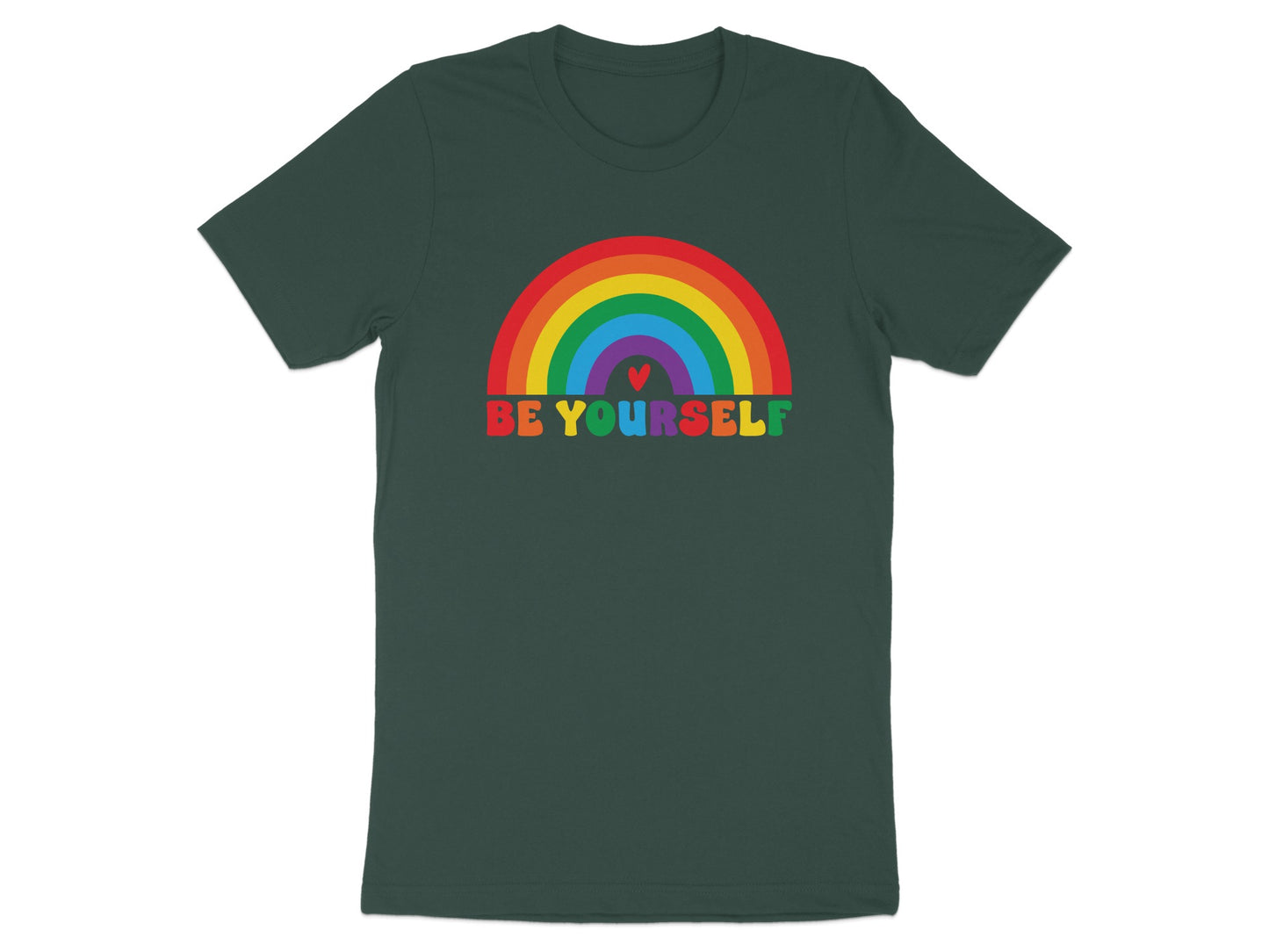 Dark green t-shirt with a rainbow and "BE YOURSELF" text.