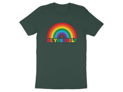Dark green t-shirt with a rainbow and "BE YOURSELF" text.