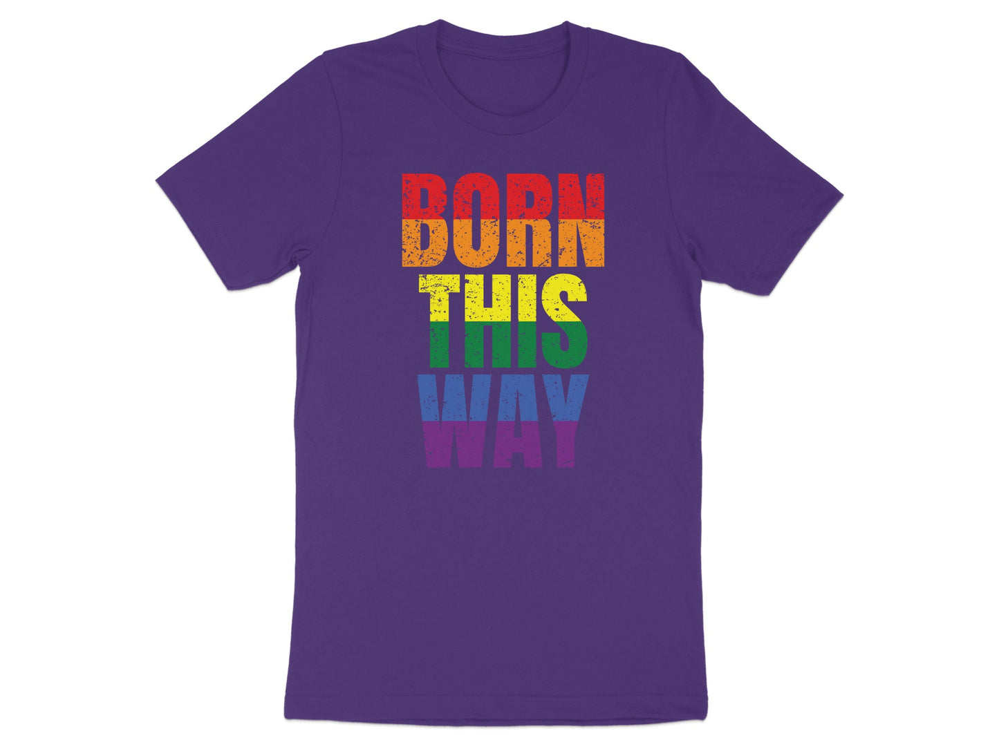 Purple t-shirt with "Born This Way" in rainbow LGBTQ+ flag colors.