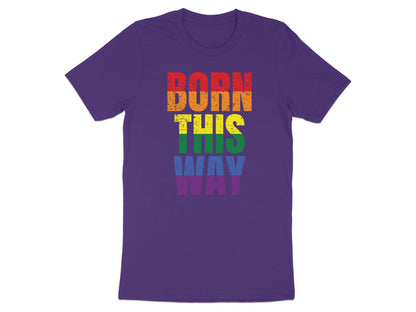 Purple t-shirt with "Born This Way" in rainbow LGBTQ+ flag colors.