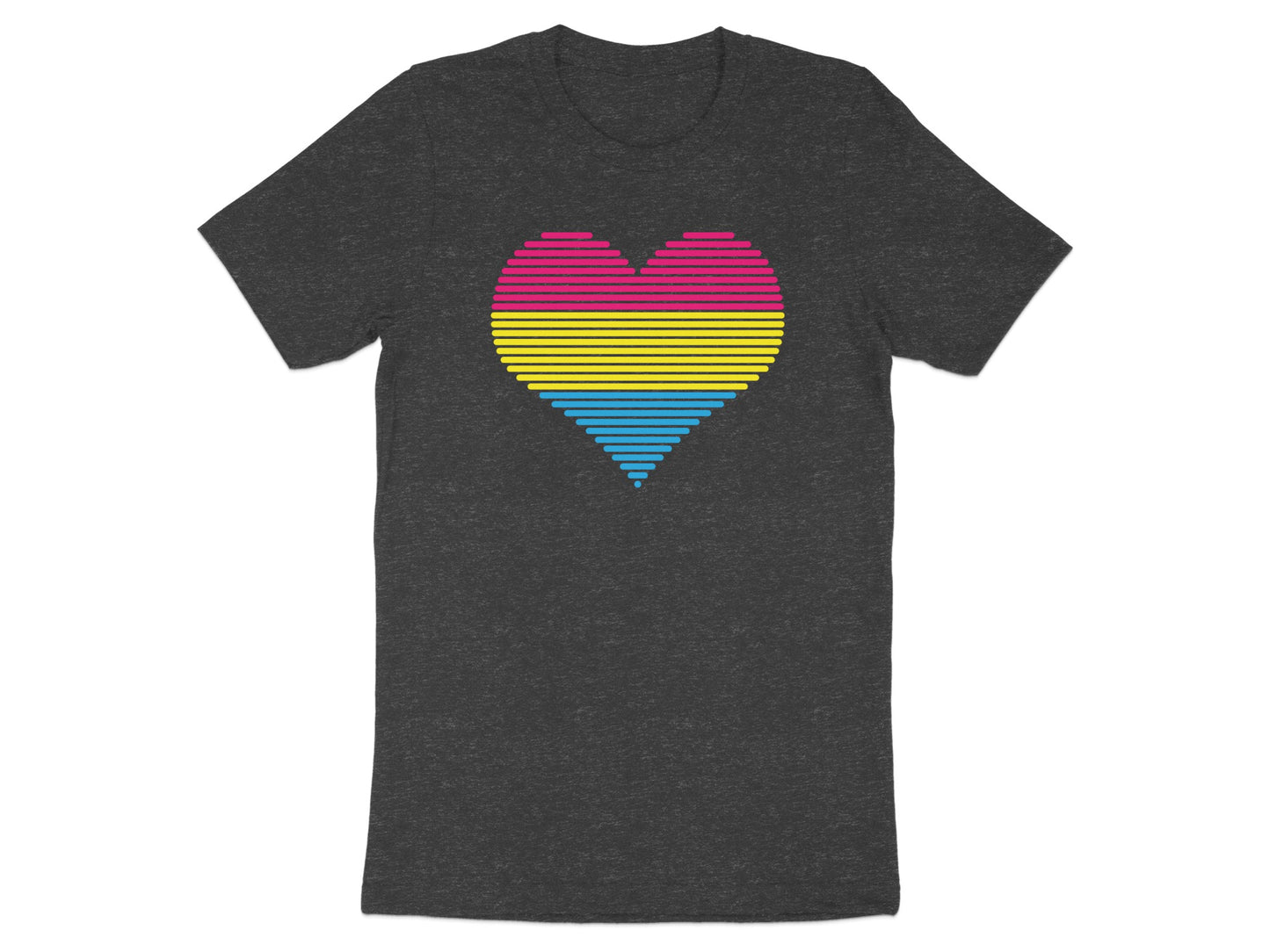 Dark grey t-shirt with a stylized heart in pansexual flag colors.