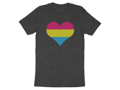 Dark grey t-shirt with a stylized heart in pansexual flag colors.