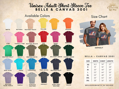 Unisex adult short sleeve tee Bella + Canvas 3001 with color swatches and size chart.