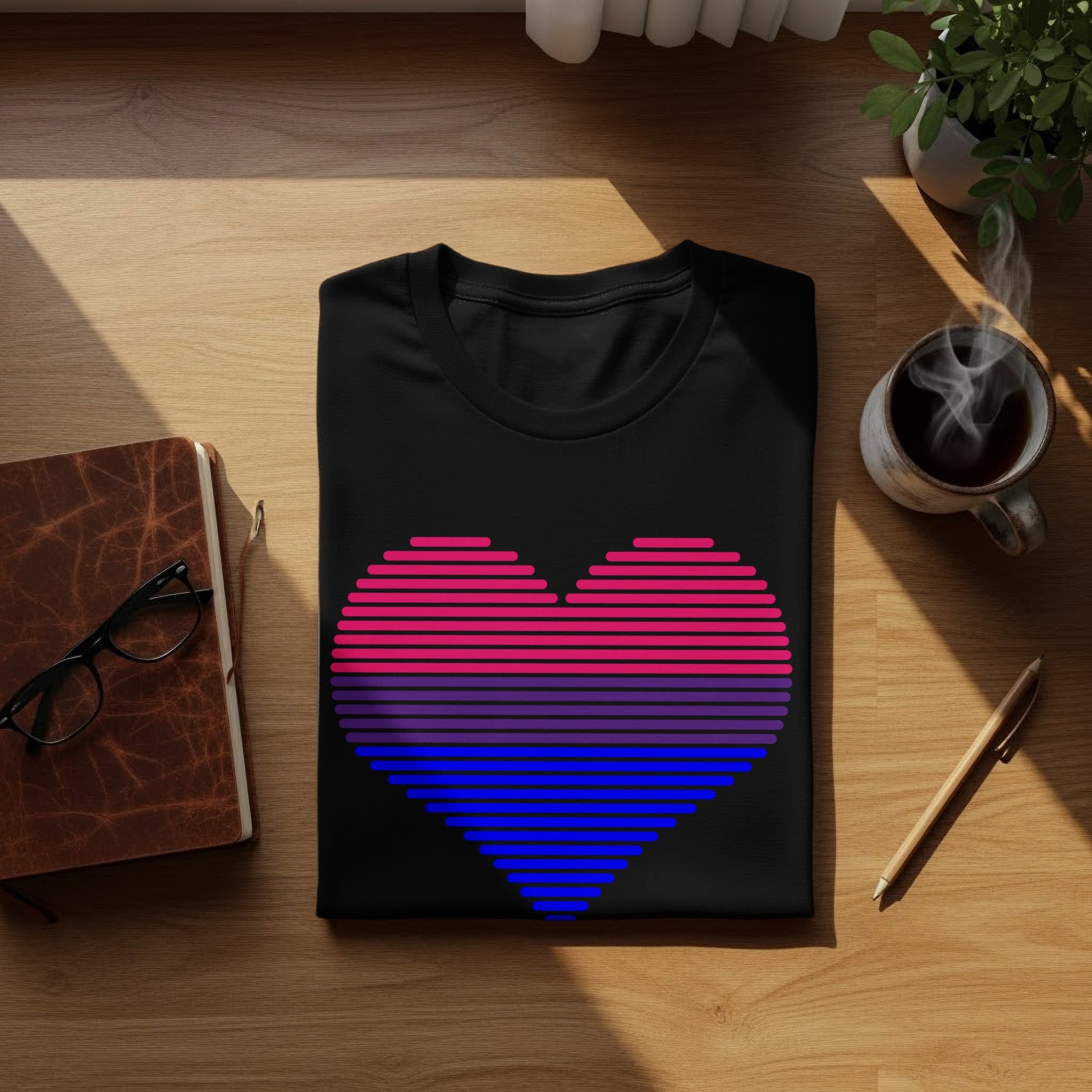 Black t-shirt with a pink, blue, and purple striped heart graphic.