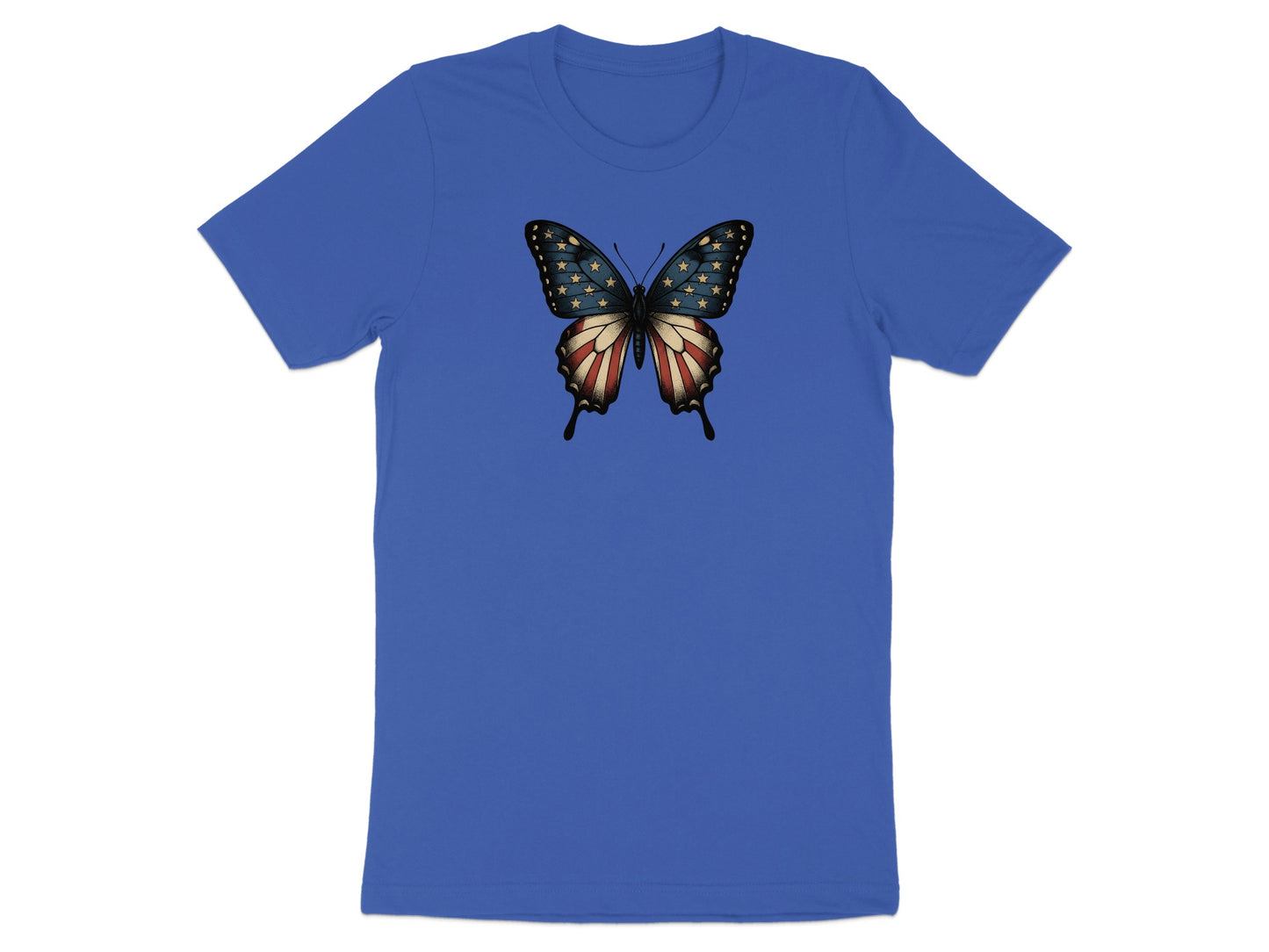 Blue t-shirt with a butterfly on the chest, wings designed like the American flag.