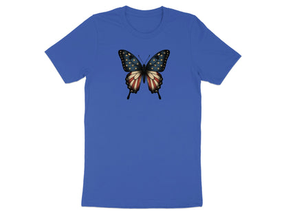 Blue t-shirt with a butterfly on the chest, wings designed like the American flag.