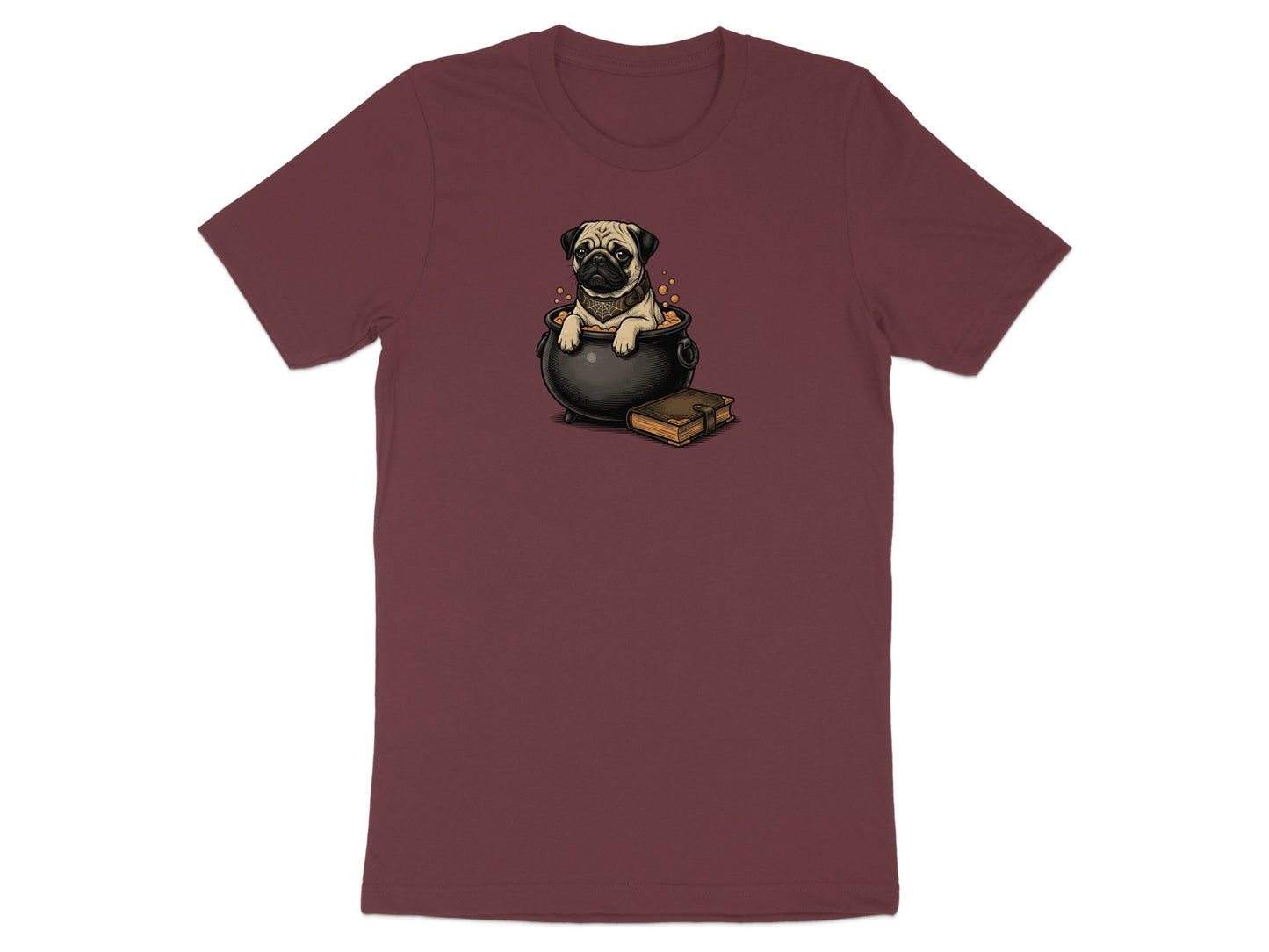 Pug wearing bandana peeks out of cauldron next to a spell book.