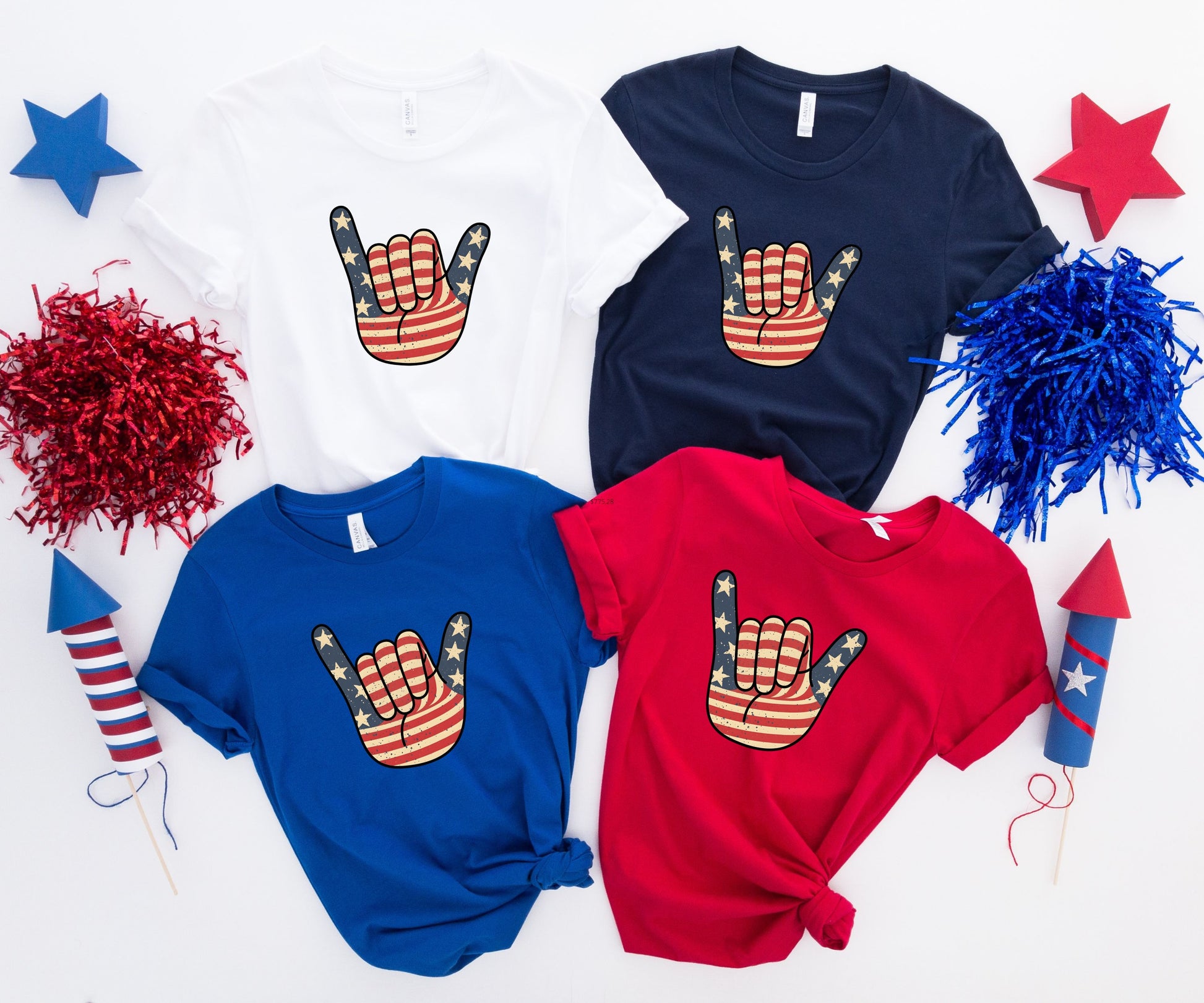 Four patriotic t-shirts featuring a hand sign with stars and stripes pattern.