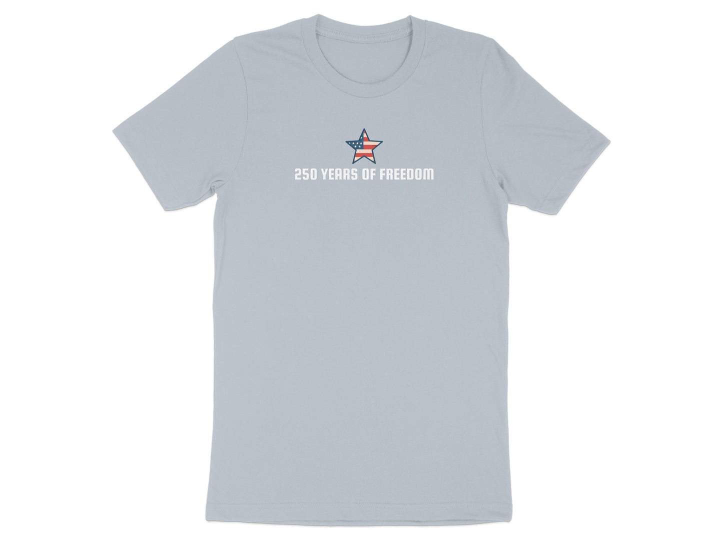 Light blue t-shirt with a star logo and "250 YEARS OF FREEDOM" text.