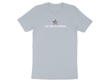 Light blue t-shirt with a star logo and "250 YEARS OF FREEDOM" text.