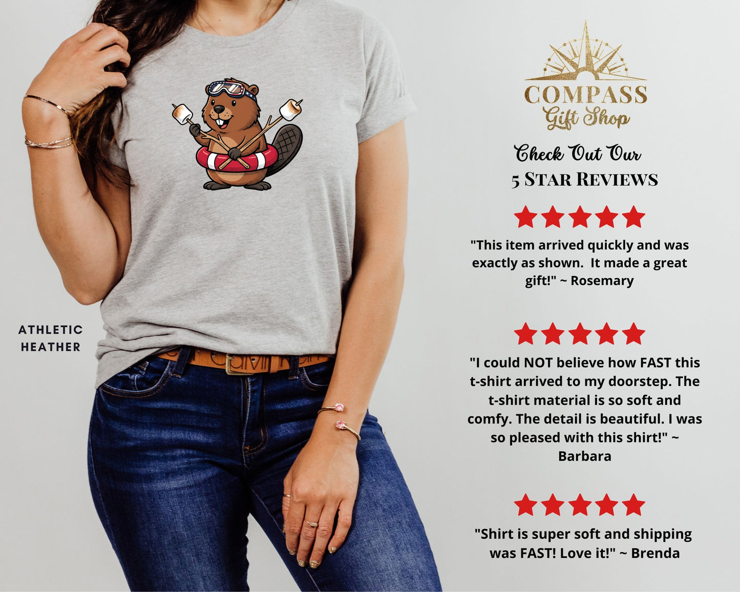 T-shirt with a cartoon beaver wearing a life preserver and holding marshmallows.