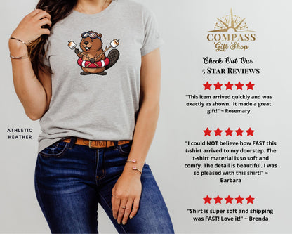 T-shirt with a cartoon beaver wearing a life preserver and holding marshmallows.