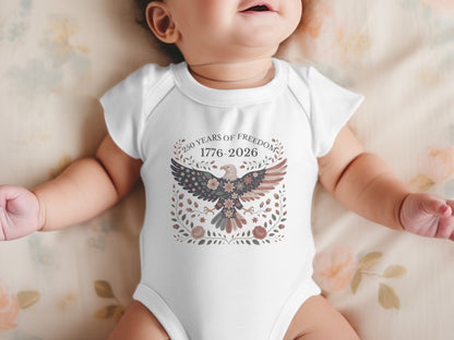 Baby onesie with eagle design celebrating 250 Years of Freedom, 1776-2026.