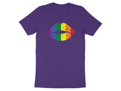 Purple t-shirt with a rainbow lipstick kiss graphic.